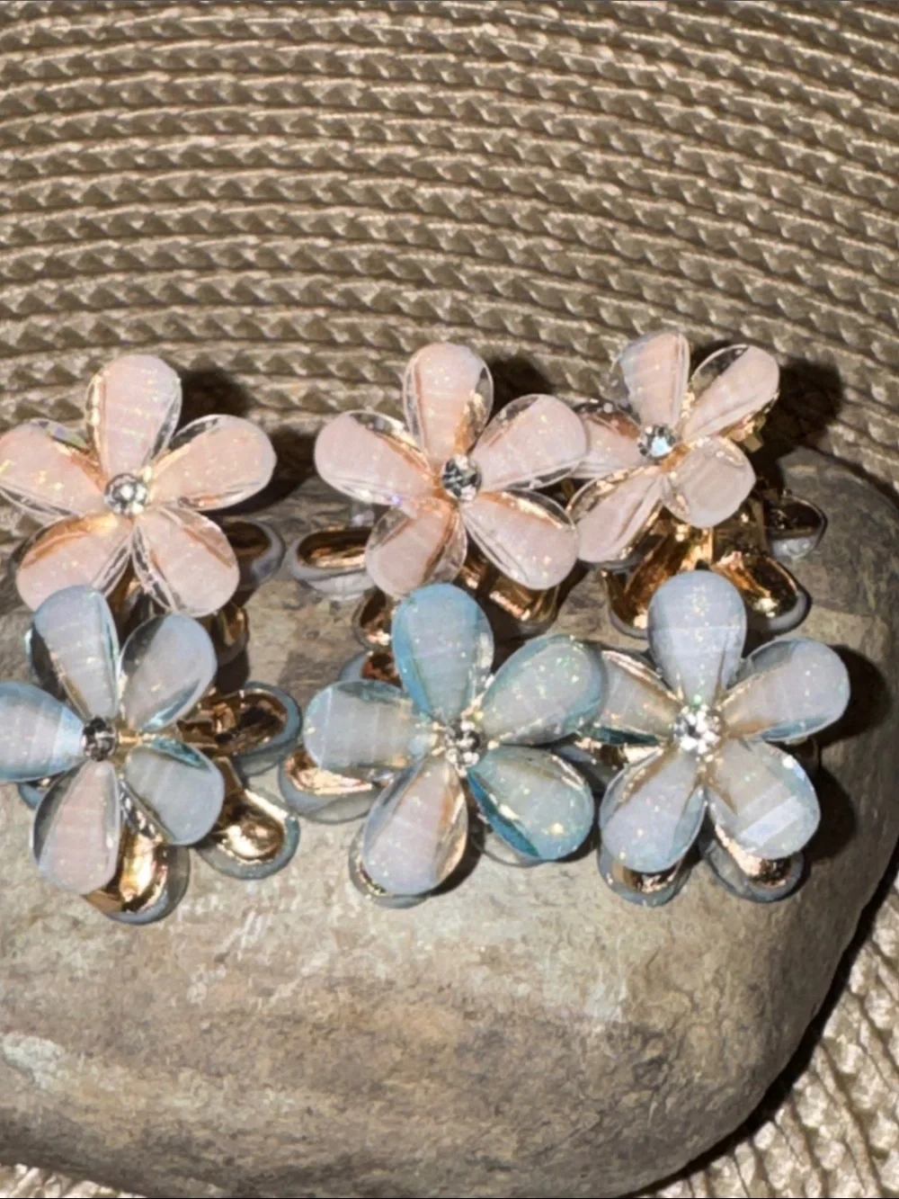 Pink or Blue Set of Flower Crystal Metal Hair Clips (Each Come as Set of 6)